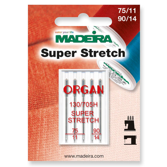 Card of Madeira super stretch machine needles in two sizes