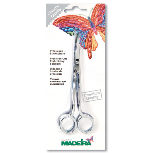 Chrome double curved Madeira embroidery scissors on backing card