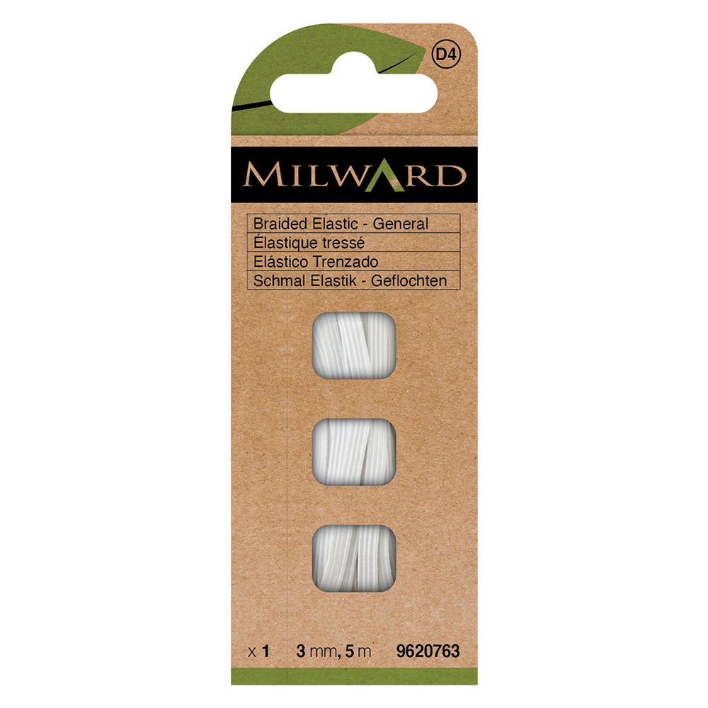 Card of white 3mm braided elastic