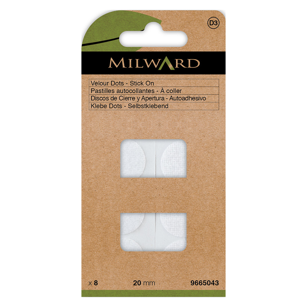 White round hook and loop dots on a backing sheet