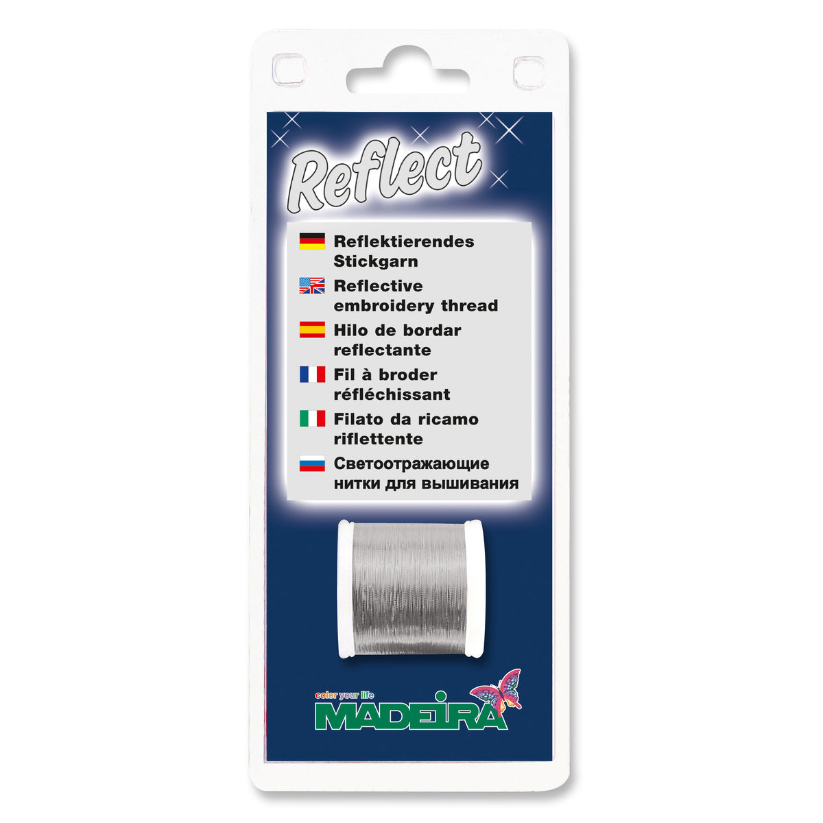 Spool of Madeira reflective embroidery thread in its pack