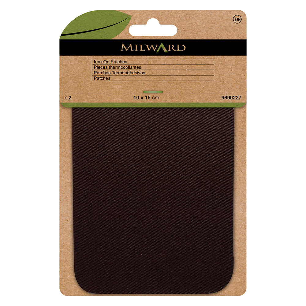 Two brown twill patches in Milward Green packaging