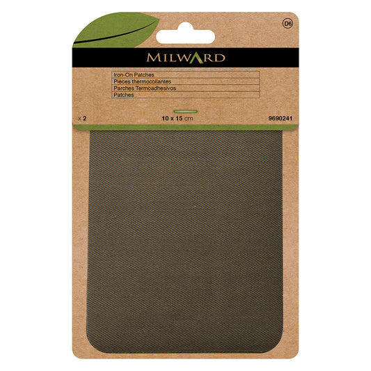 Two khaki twill patches in Milward Green packaging