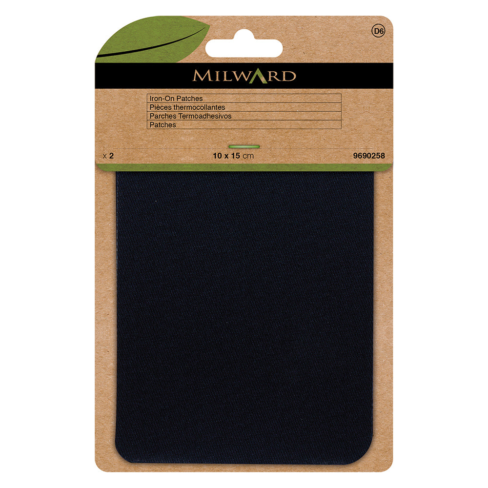 Two navy twill patches in Milward Green packaging