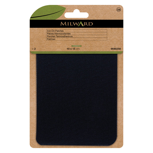 Two navy twill patches in Milward Green packaging