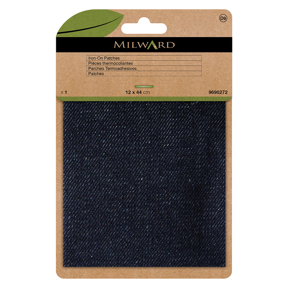 Dark denim iron-on repair fabric strip in Milward Green packaging