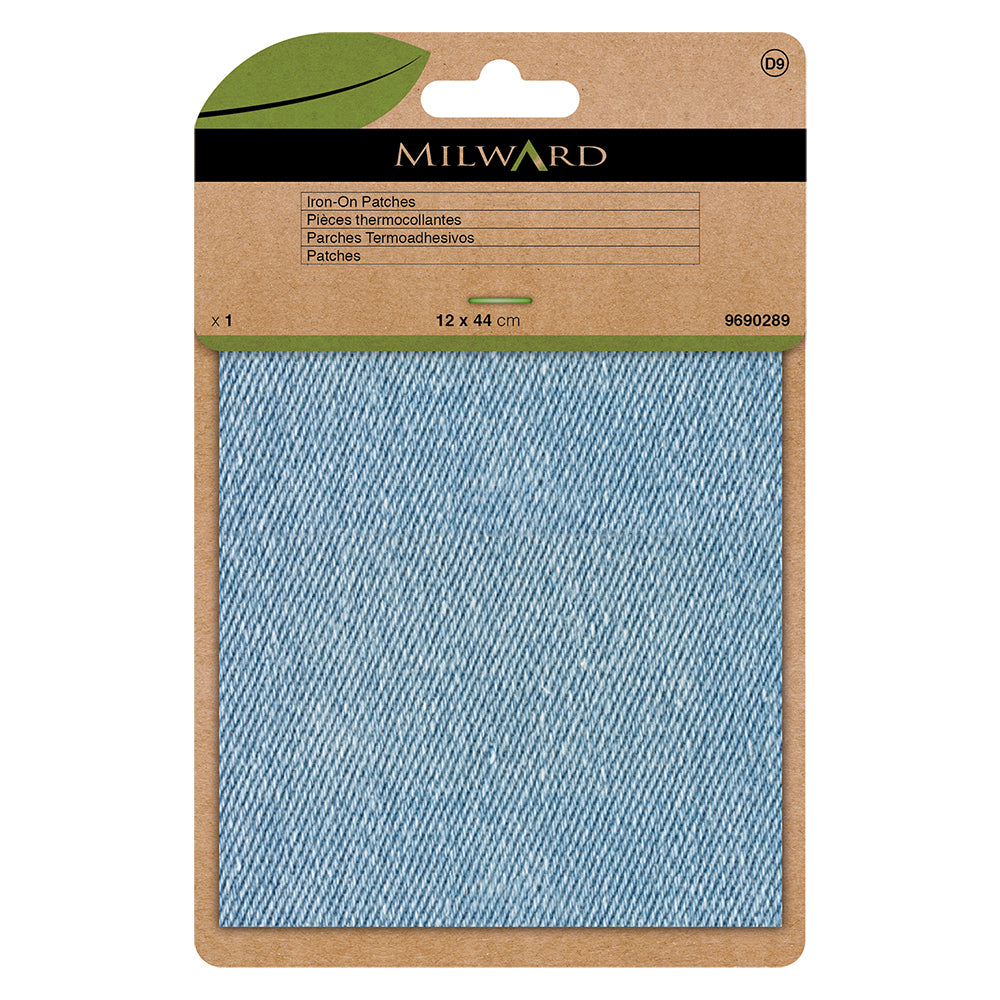 Light denim iron-on repair fabric strip in Milward Green packaging