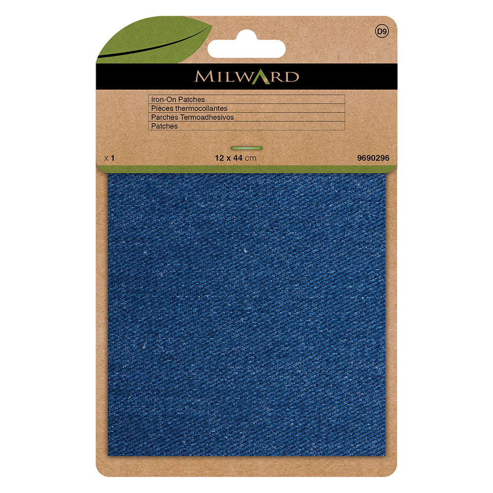 Mid denim iron-on repair fabric strip in Milward Green packaging