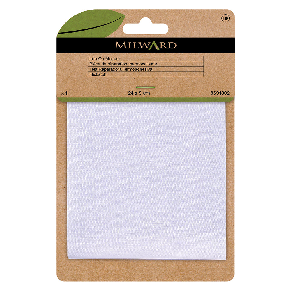 White iron-on mender patch in Milward Green packaging