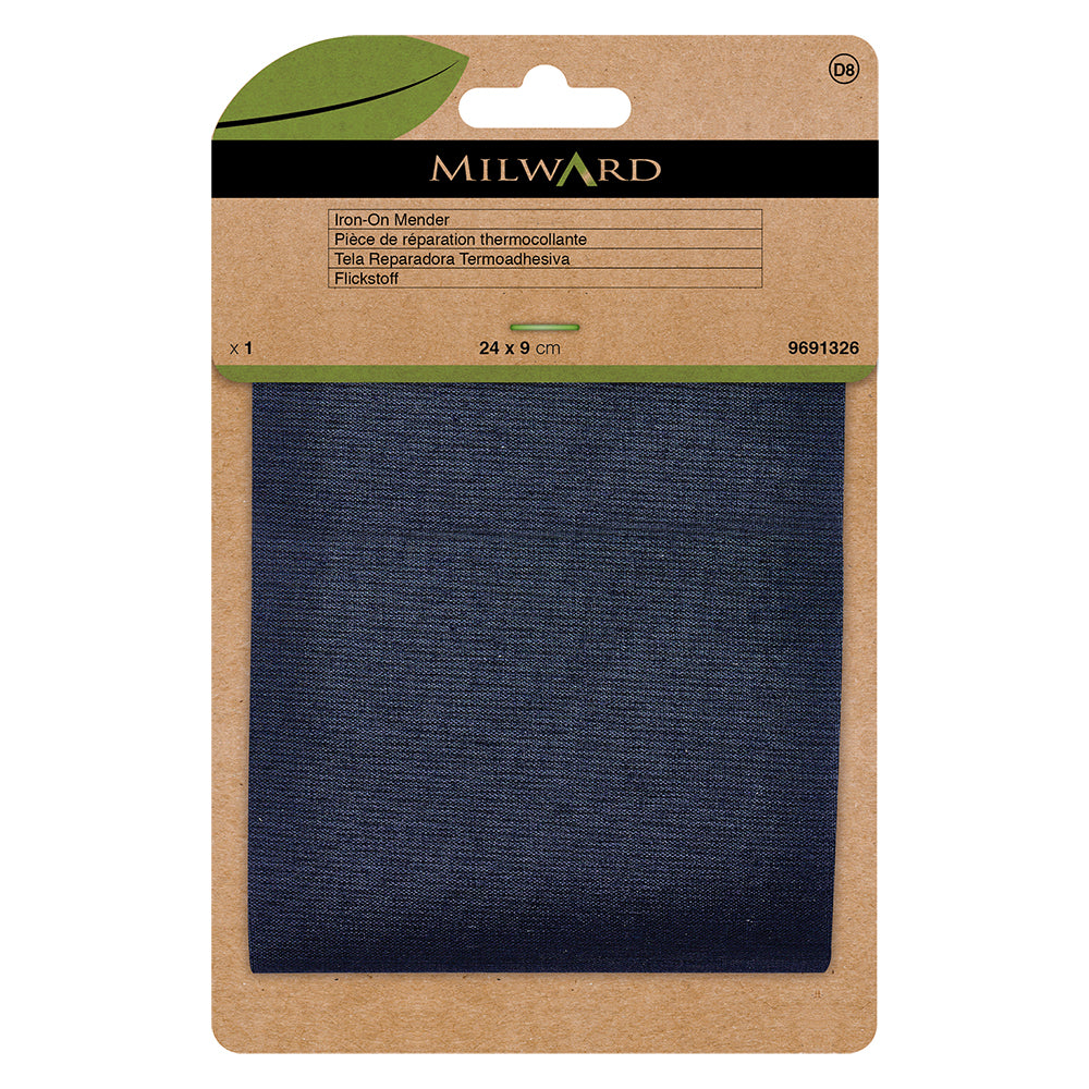 Navy iron-on mender patch in Milward Green packaging