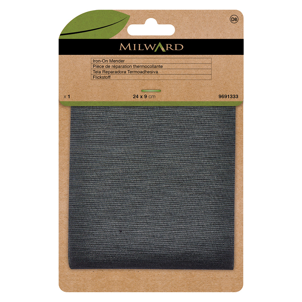 Dark grey polycotton mending patch in Milward Green packaging