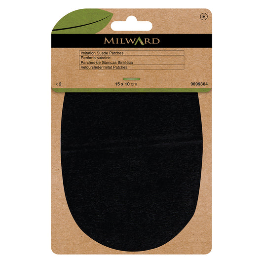 Two black imitation suede patches with punched sewing holes