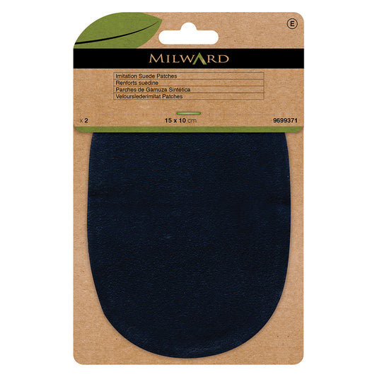 Two navy imitation suede patches with punched sewing holes