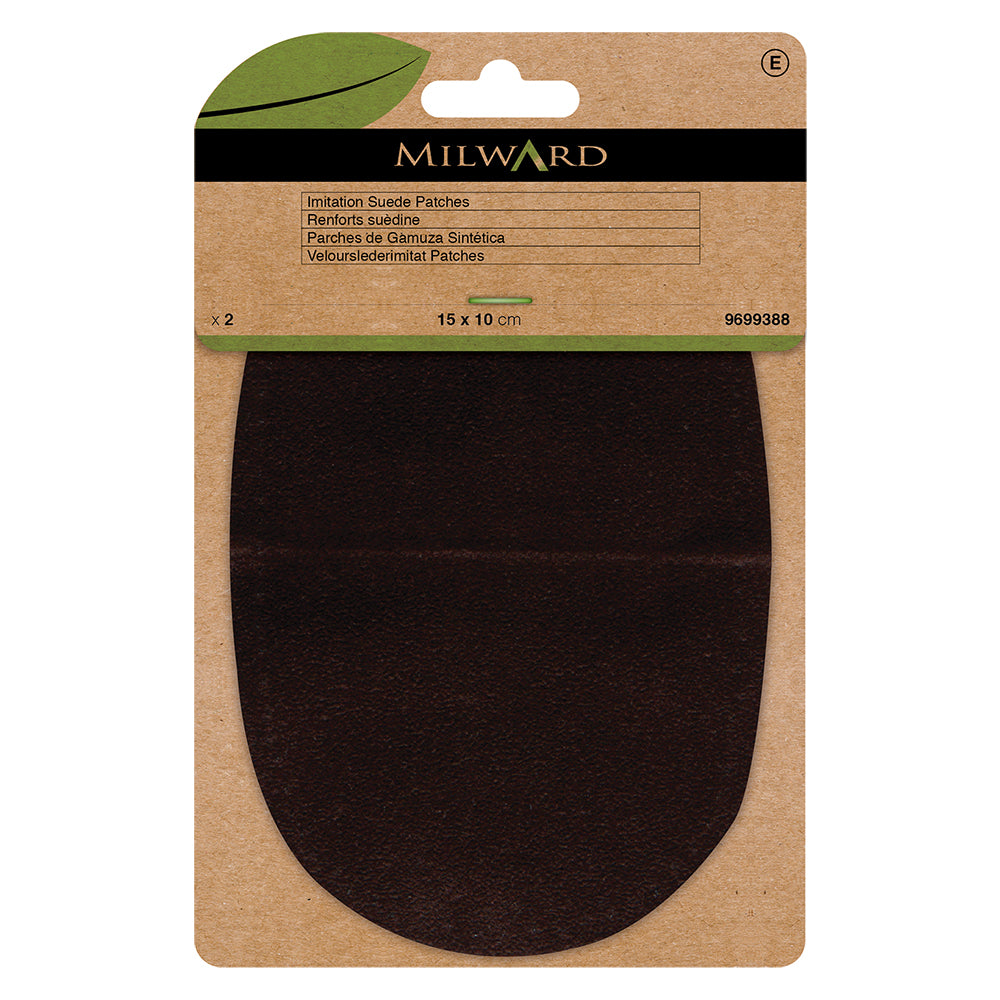 Two brown imitation suede patches with punched sewing holes