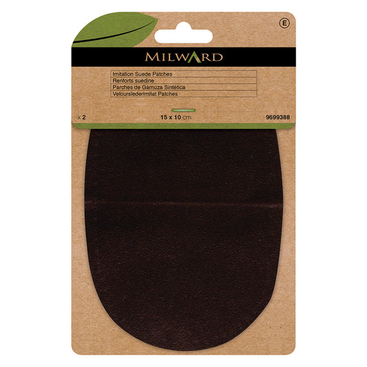Two brown imitation suede patches with punched sewing holes