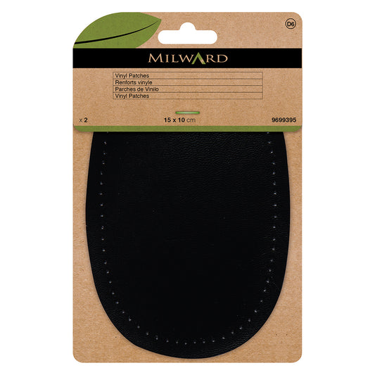 Two black vinyl patches with punched sewing holes