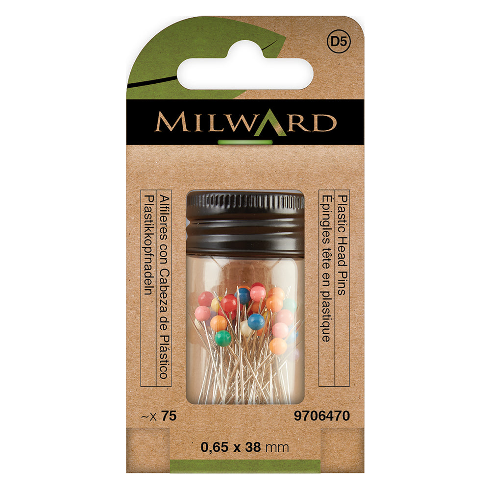 Pack of long pins with multicoloured plastic heads