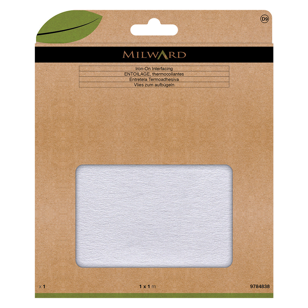 Folded white iron-on interfacing in packaging