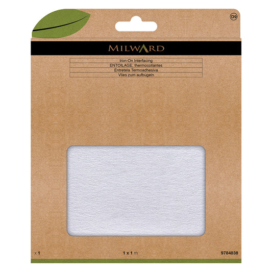 Folded white iron-on interfacing in packaging