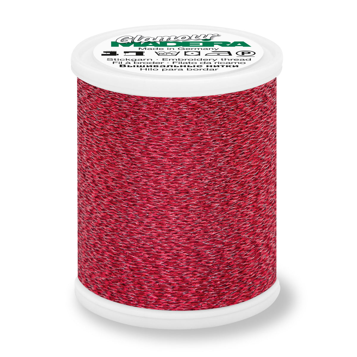 Spool of Madeira Glamour metallic embroidery thread in Ruby