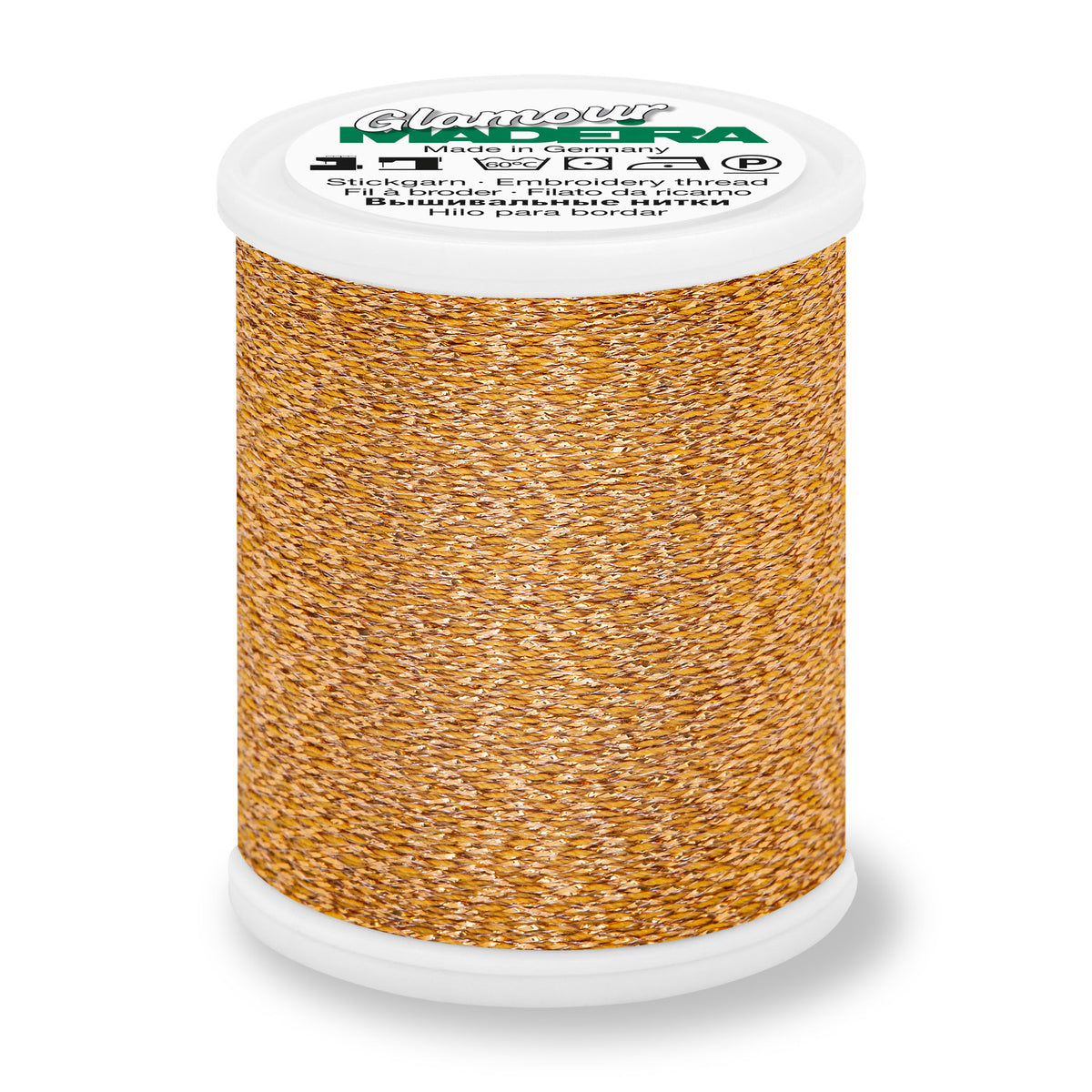 Spool of Madeira Glamour metallic embroidery thread in Gold Medal