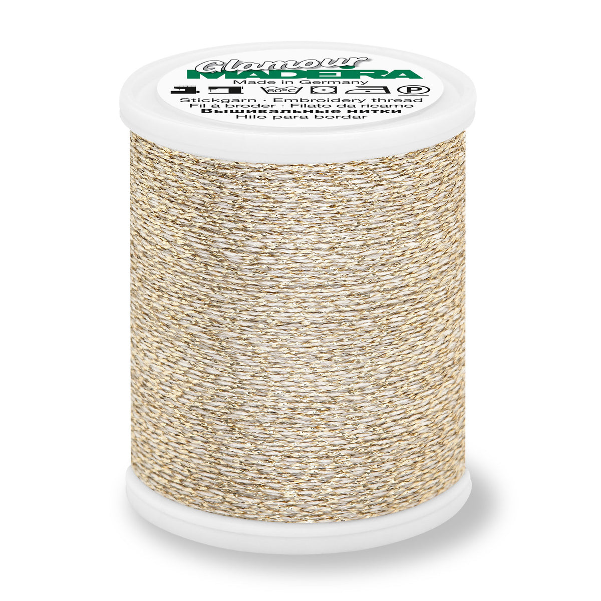 Spool of Madeira Glamour metallic embroidery thread in Gold Dust