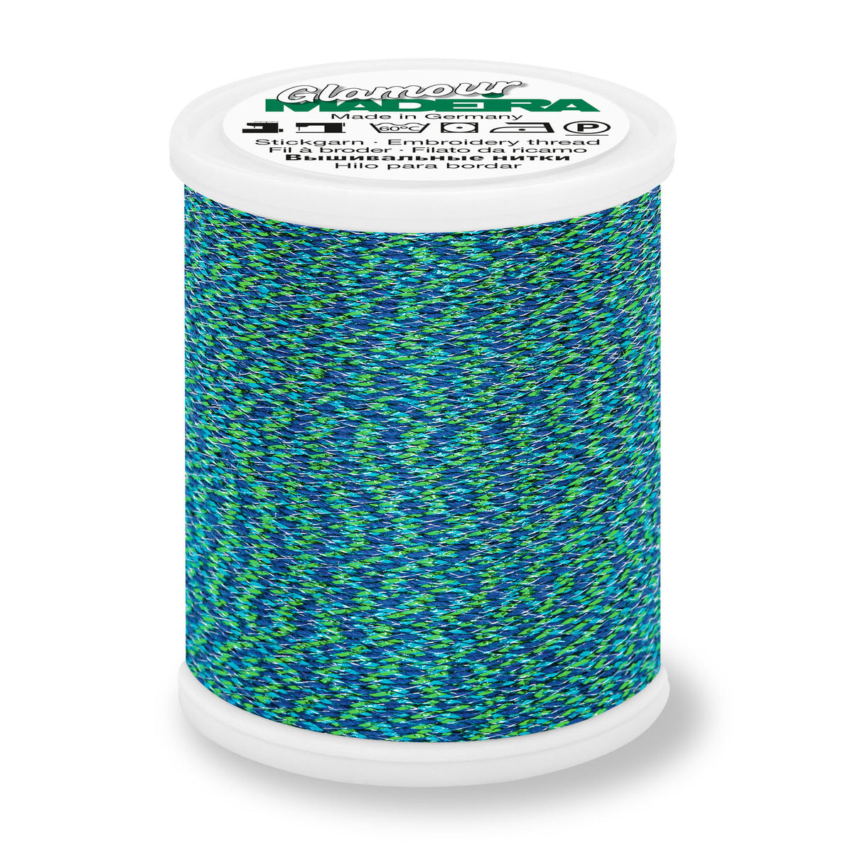 Spool of Madeira Glamour metallic embroidery thread in Jade Green