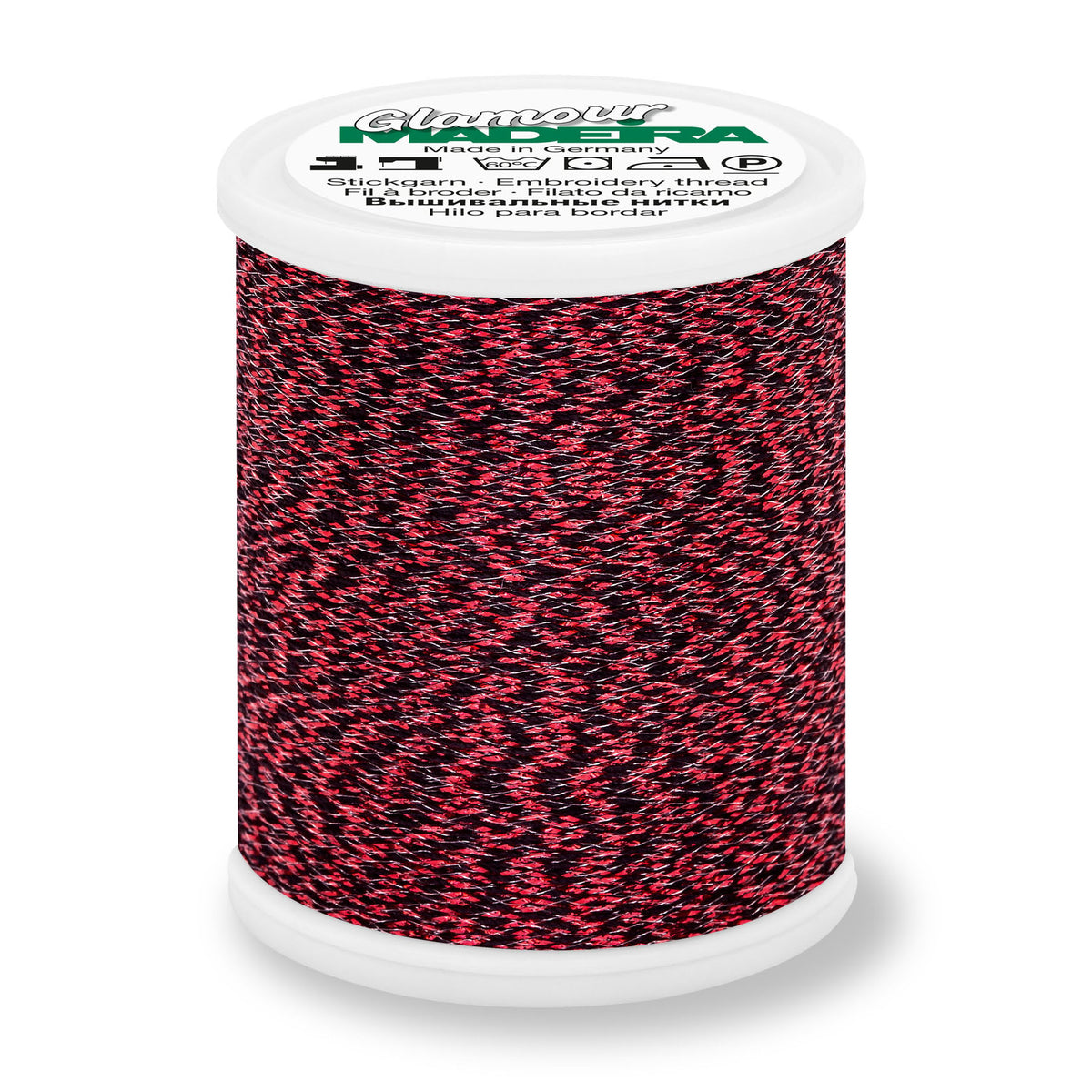 Spool of Madeira Glamour metallic embroidery thread in Devil Red