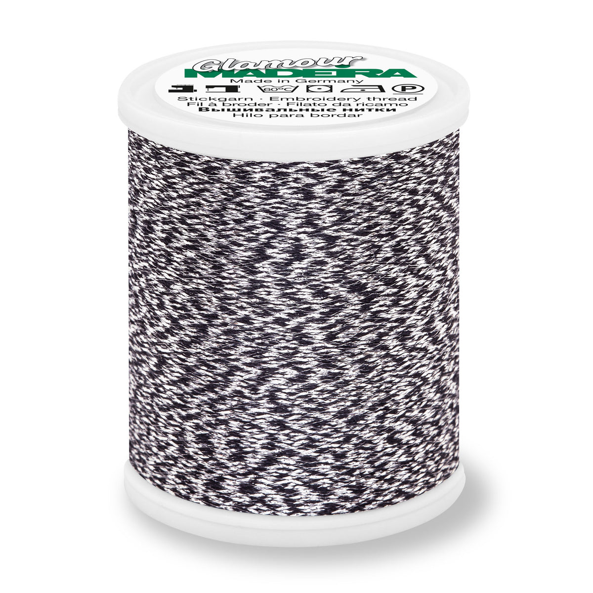 Spool of Madeira Glamour metallic embroidery thread in Antique Silver