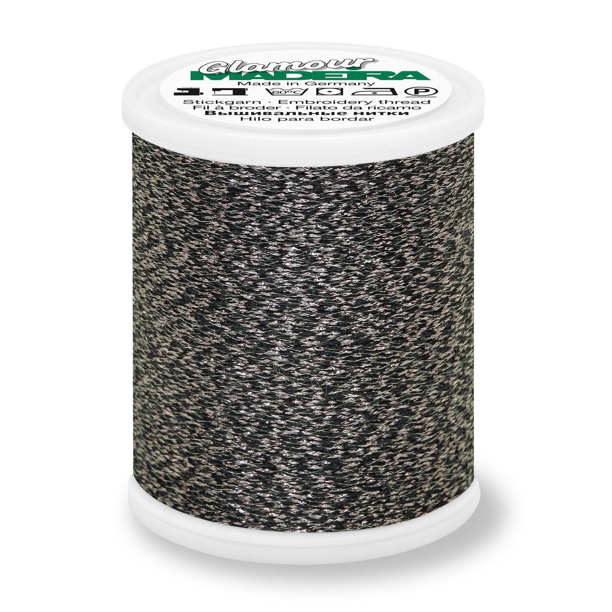 Spool of Madeira Glamour metallic embroidery thread in Graphite