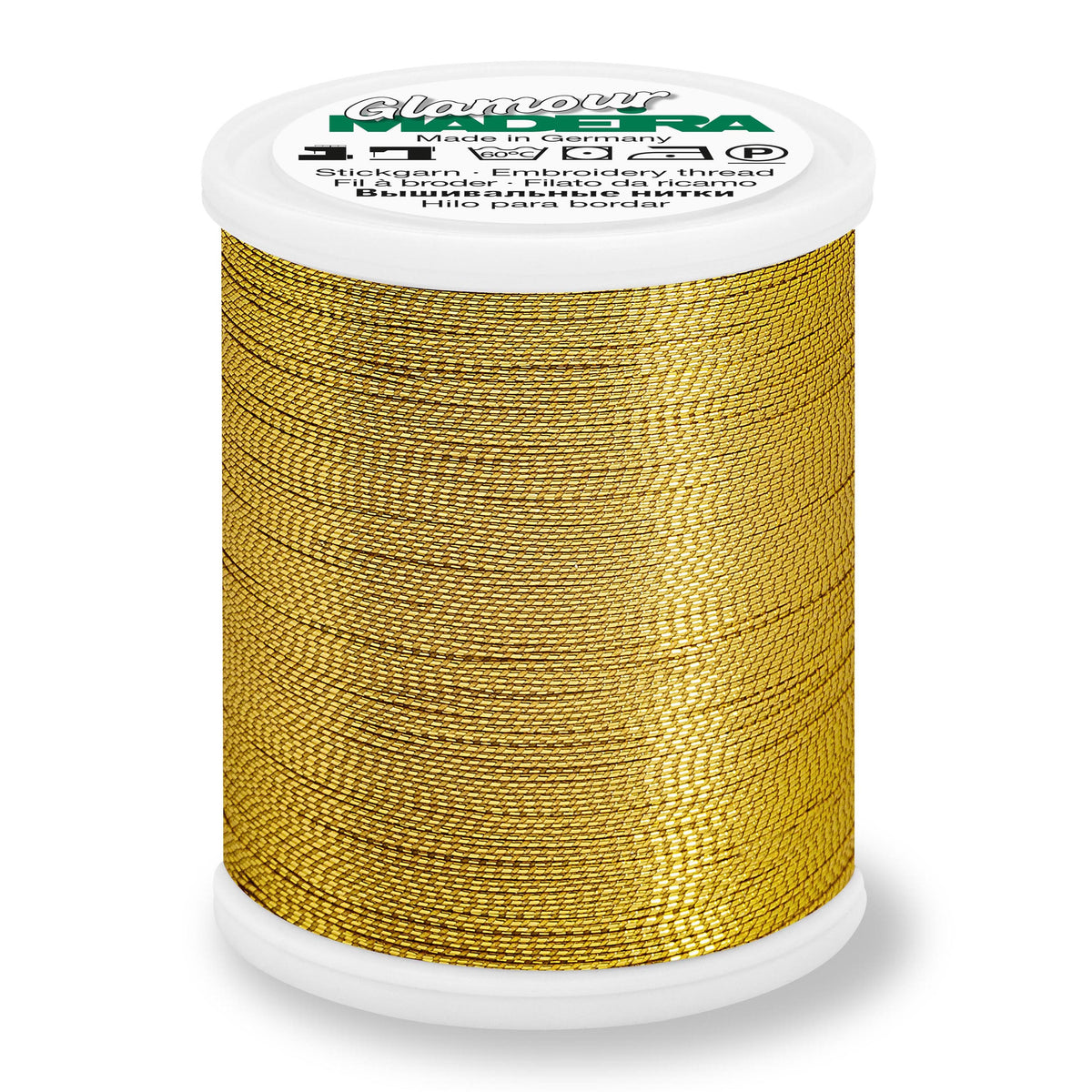 Spool of Madeira Glamour metallic thread in antique gold