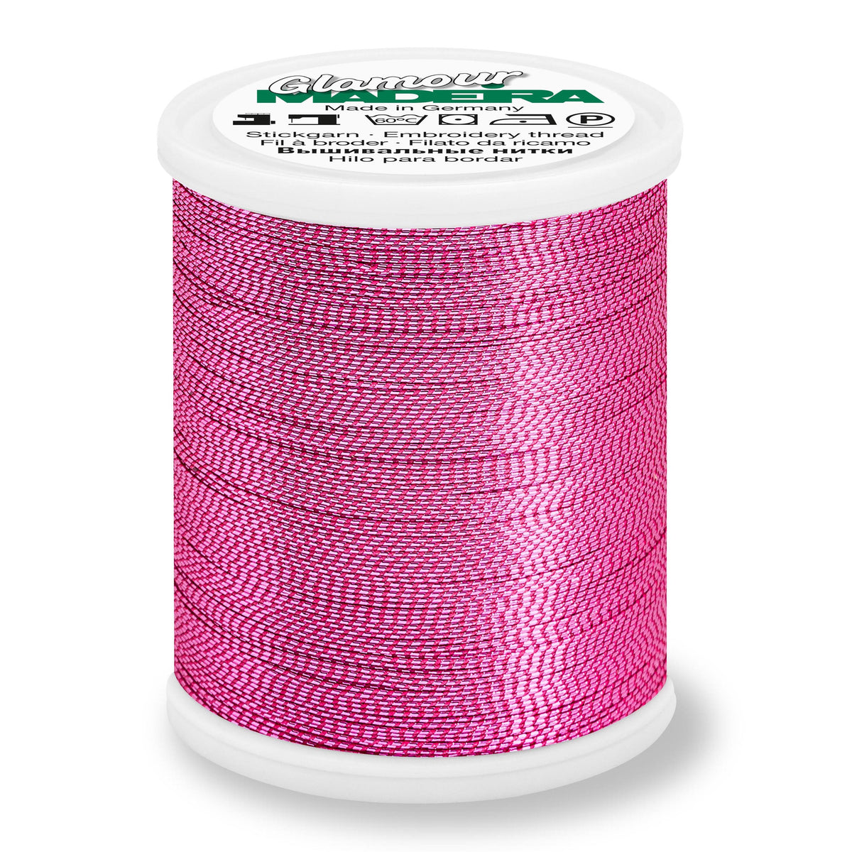 Spool of Madeira Glamour metallic thread in coral