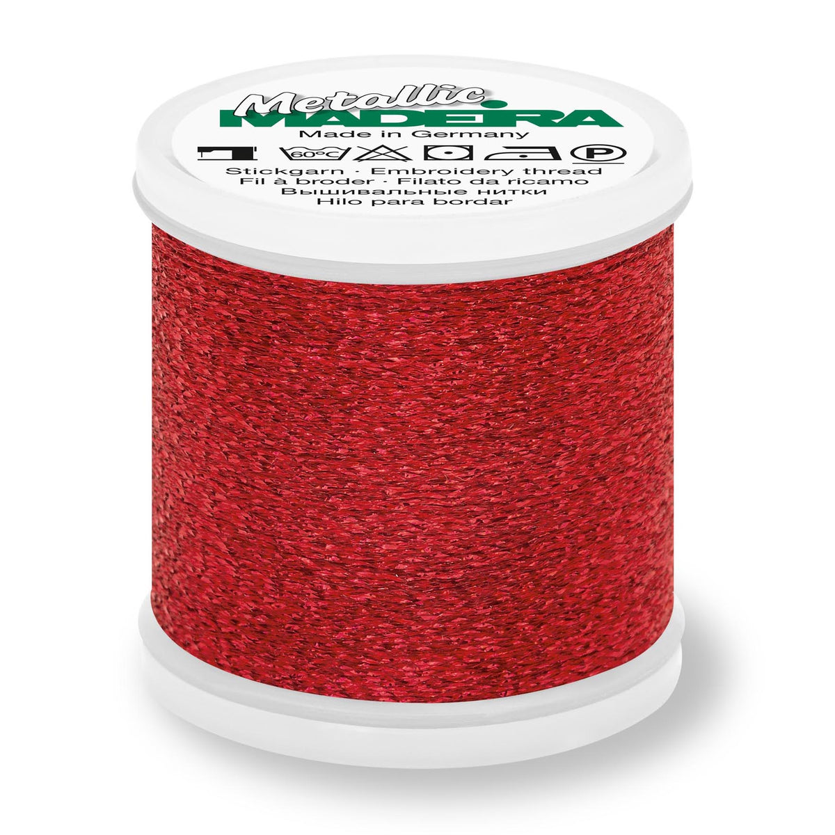 Spool of Madeira Sparkling Metallic thread in ruby
