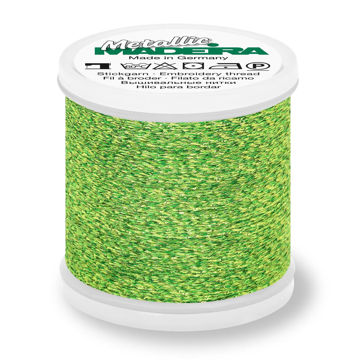 Spool of Madeira Metallic Sparkling No.40 embroidery thread in Glamour Green