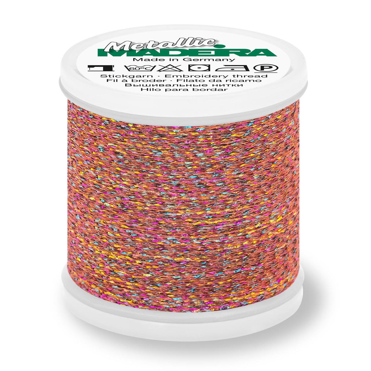 Spool of Madeira Metallic Sparkling No.40 embroidery thread in Coral Fish