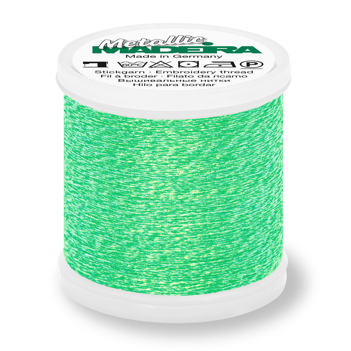 Spool of Madeira Metallic Sparkling No.40 embroidery thread in Lime