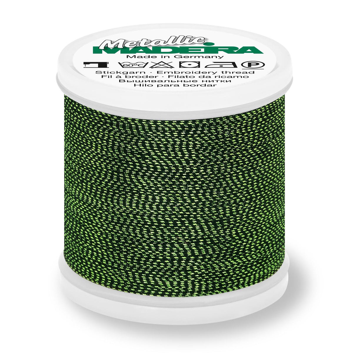 Spool of Madeira Metallic Soft No.40 embroidery thread in Malachite