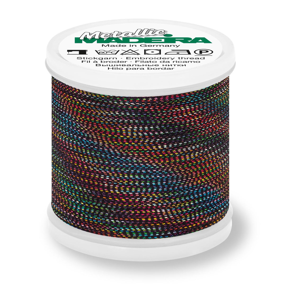 Spool of Madeira Metallic Soft No.40 embroidery thread in Peacock