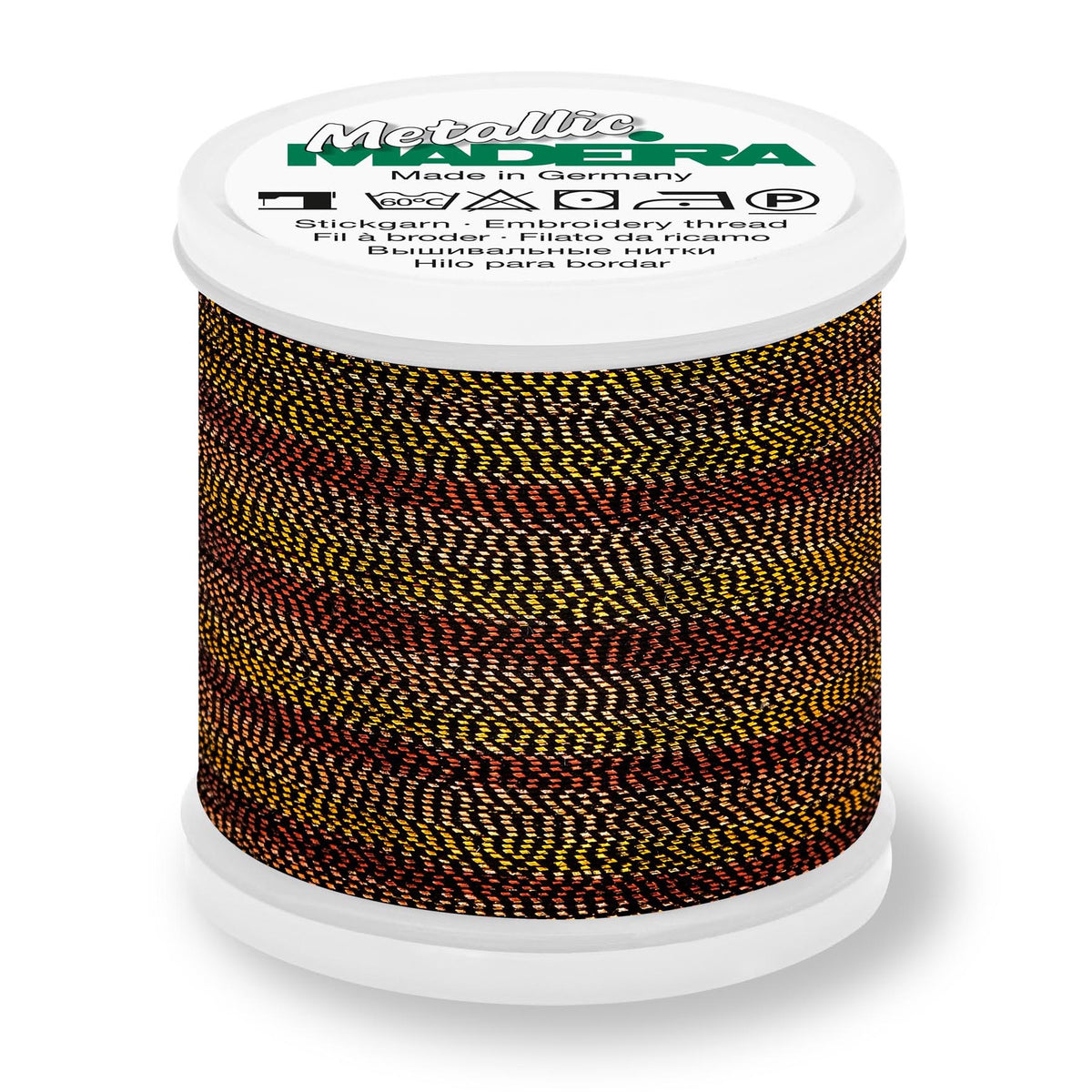 Spool of Madeira Metallic Soft No.40 embroidery thread in Tiger Eye