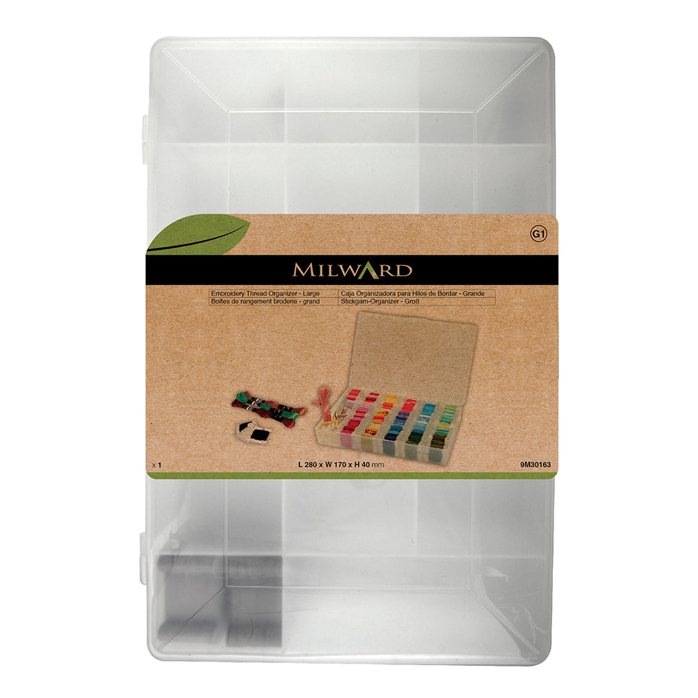 Clear plastic embroidery thread organiser box with bobbins