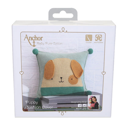 Crocheted puppy cushion cover made from the Anchor kit