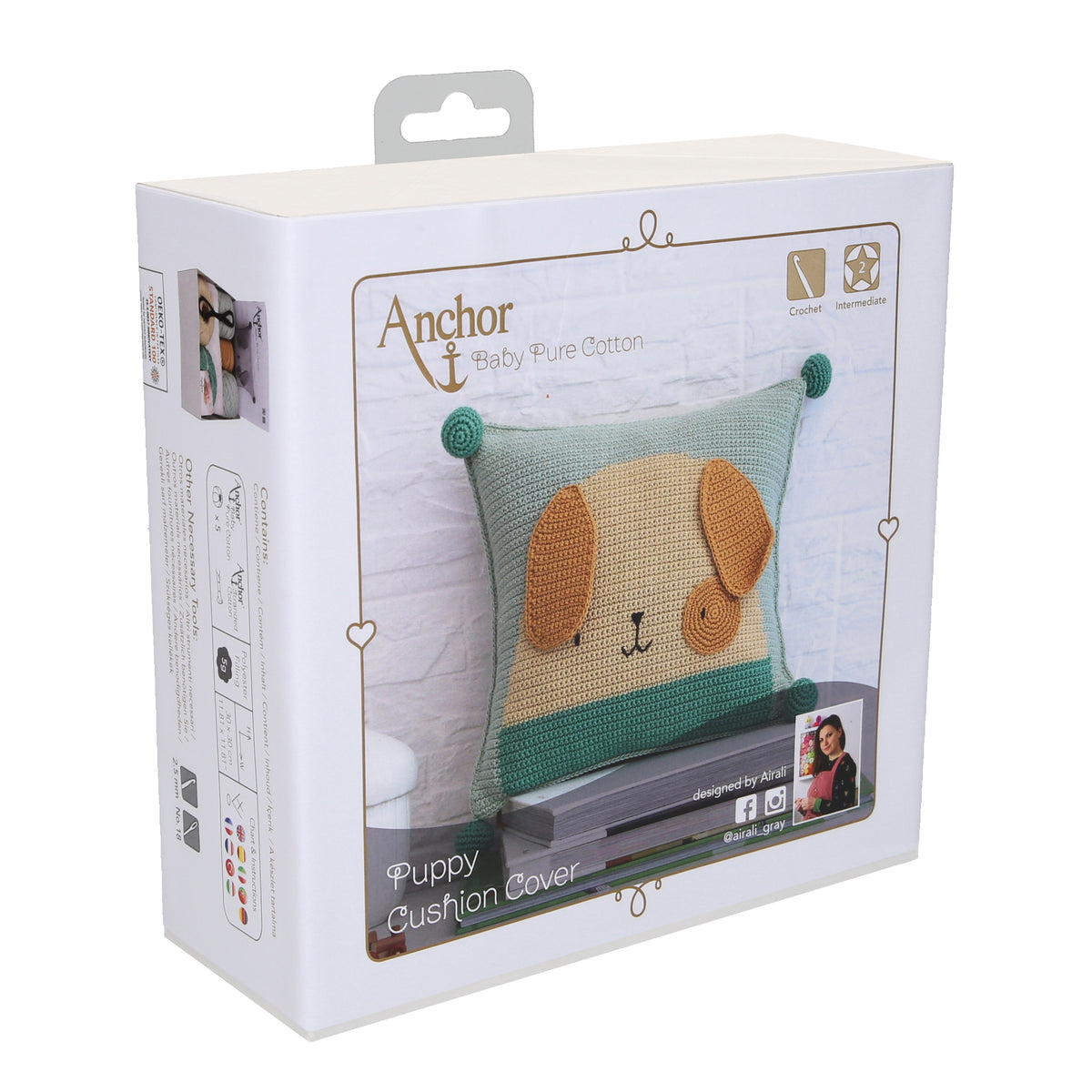 Crocheted puppy cushion cover made from the Anchor kit