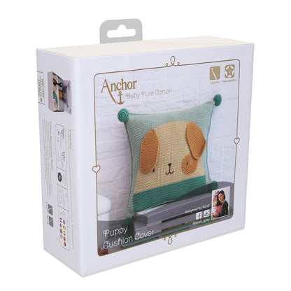Crocheted puppy cushion cover made from the Anchor kit