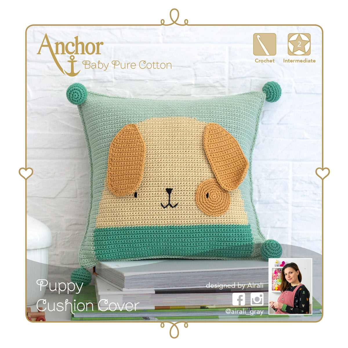 Crocheted puppy cushion cover made from the Anchor kit