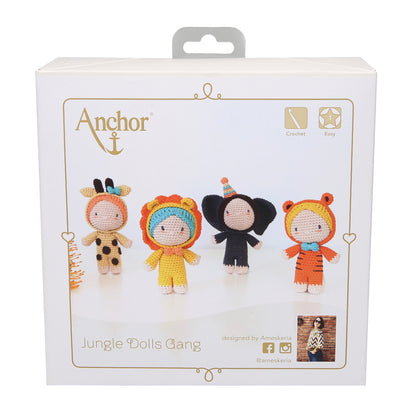 Four crocheted jungle animal amigurumi dolls from the Anchor Creativa kit