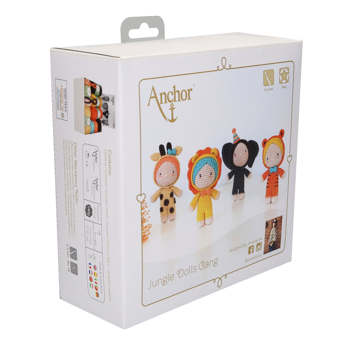 Four crocheted jungle animal amigurumi dolls from the Anchor Creativa kit