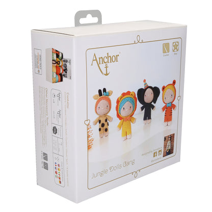 Four crocheted jungle animal amigurumi dolls from the Anchor Creativa kit