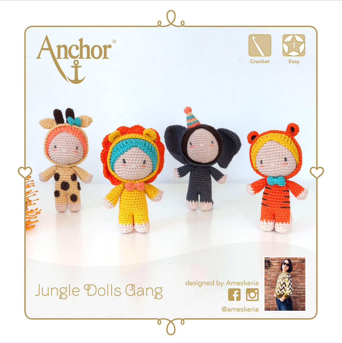 Four crocheted jungle animal amigurumi dolls from the Anchor Creativa kit