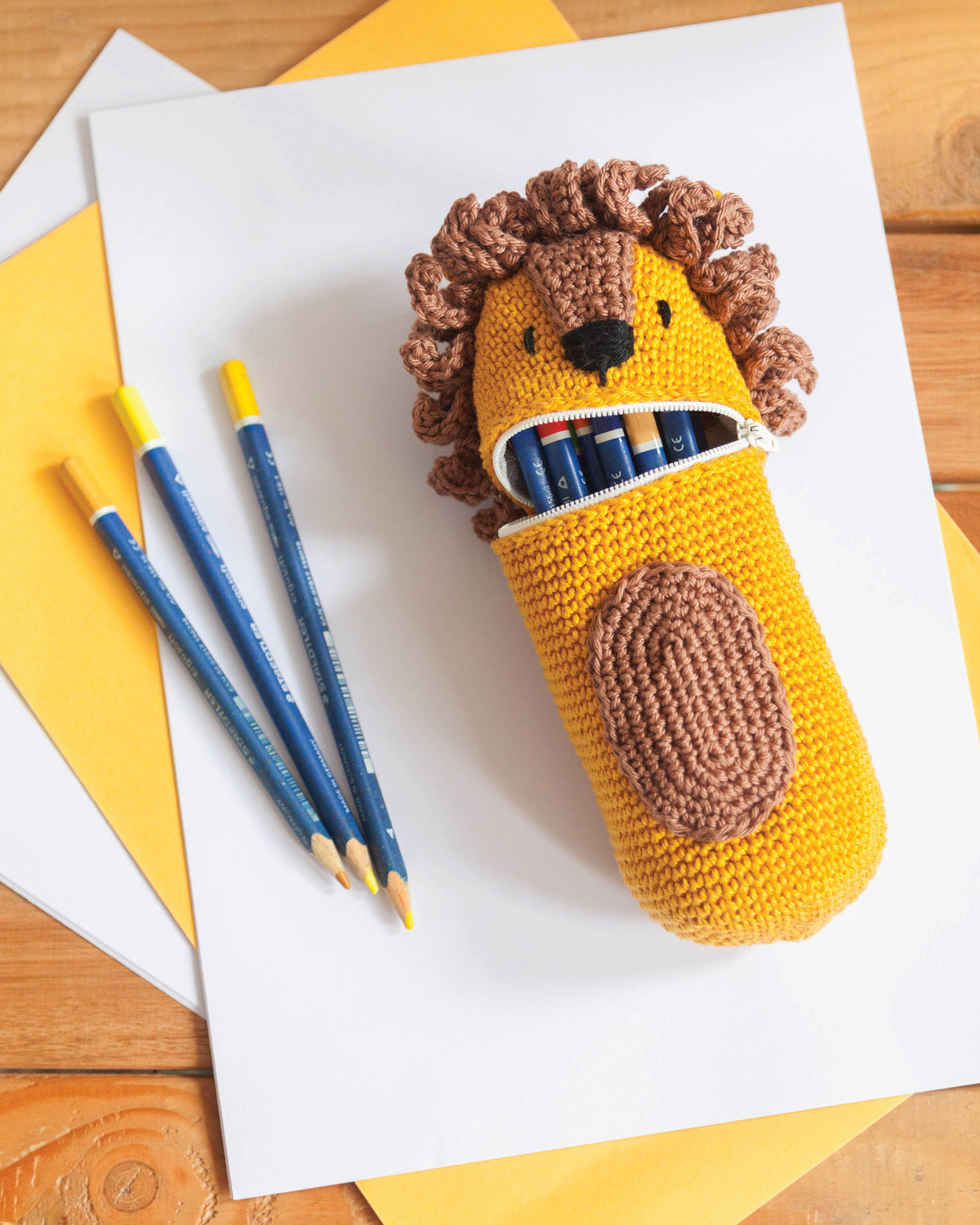 Crocheted lion pencil case from the Anchor kit