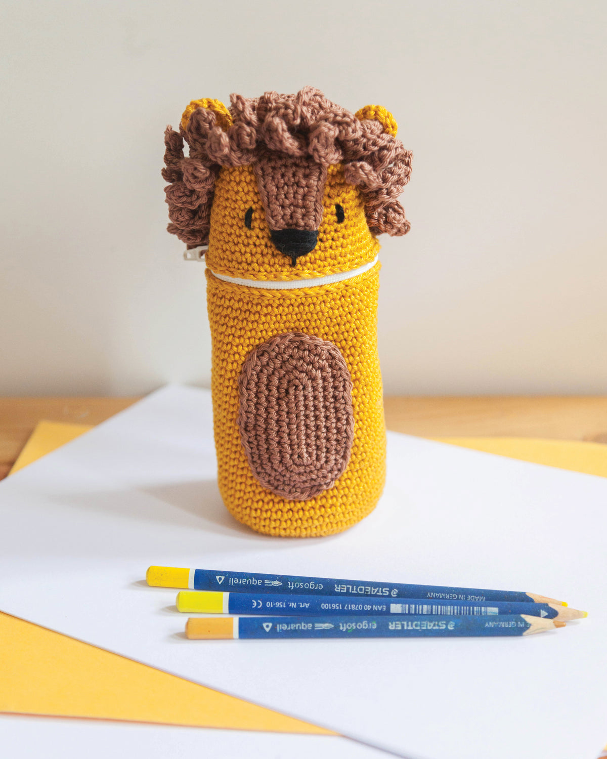 Crocheted lion pencil case from the Anchor kit